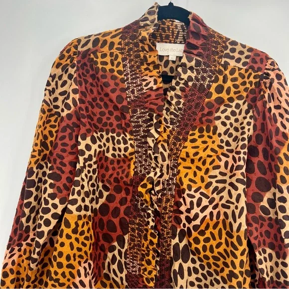 Love The Label Anthropologie Zuri Top Dotted Leopard Ruffle Button Shirt L - Picture 15 of 15